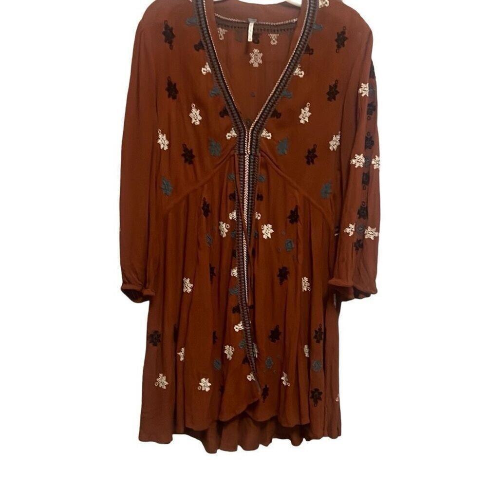 Free People Anthropologie Womens Brown‎ Floral Embroidered Floral Mini Dress XS